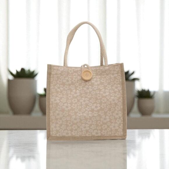 Japanese Floral Tote Bag - Lightweight Button Closure Handbag Boho Style - Picture 1 of 5